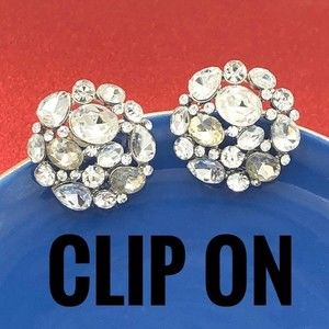 Clear Rhinestone Silver Clip On Earrings